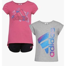 Adidas Girls 3-Piece Set Pink  Gray Tees  Black Shorts 3T NWT 