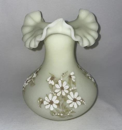 Fenton Yellow Custard Glass Hand Painted Floral Ruffled Rim Vase Signed 7"