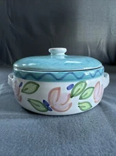 Caleca Italy Stoneware Covered Casserole Dish Bowl Handles Vintage Wavy Blue 8"