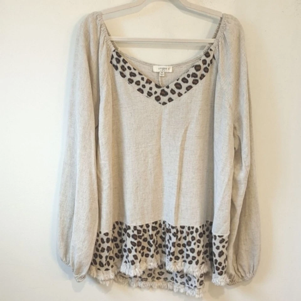 Blusa Umgee EE. UU. Talla Grande Lino Mezcla Algodón Manga Globo Cuello en V Leopardo 1X