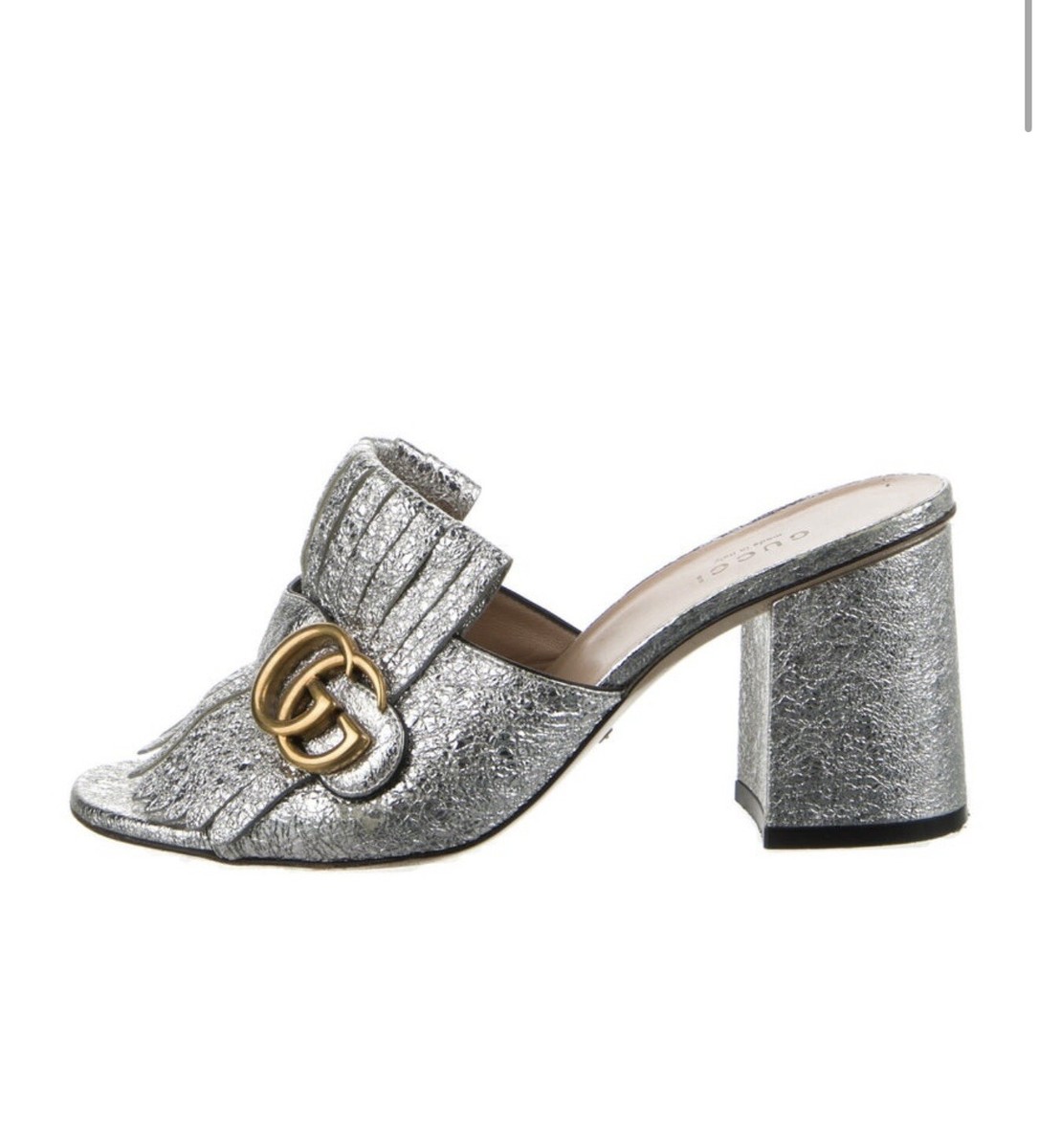 Gucci Silver Metallic Texture Leather GG Marmont Sandals