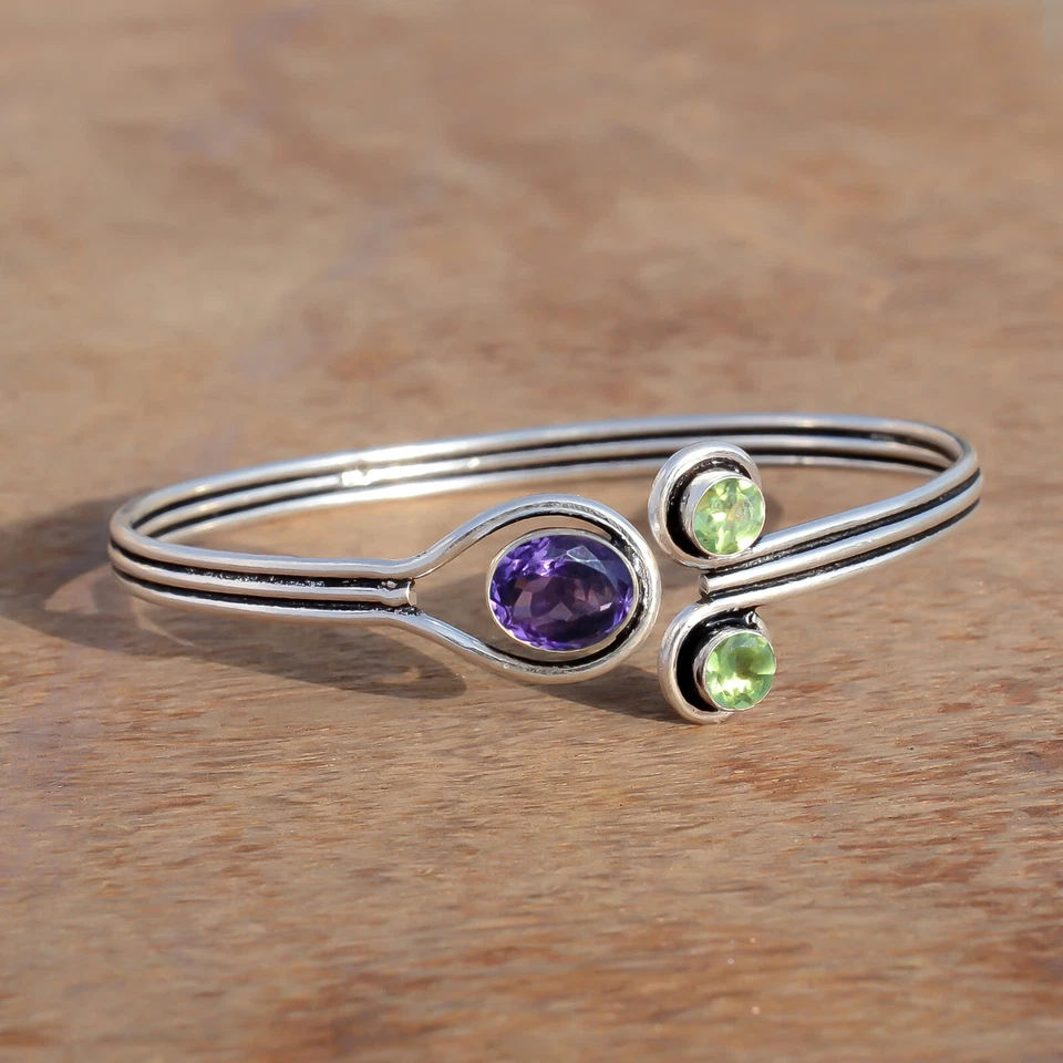 Faceted Amethyst & Peridot Cut Gemstone 925 Sterling Silver Bangle Cuff For Mom - Image 4 of 4