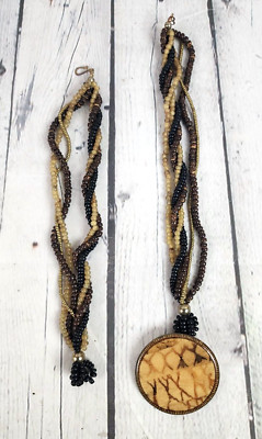 Large Beaded Chunky Beach Island Style Necklace Pendant Costume Jewelry Black