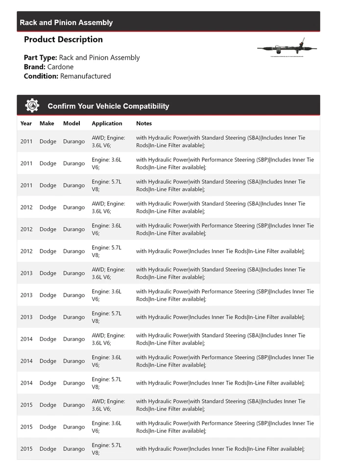 Para 2011-2015 Dodge Durango conjunto de rack e pinhão Cardone 2012 2013 2014 - Imagem 2 de 4