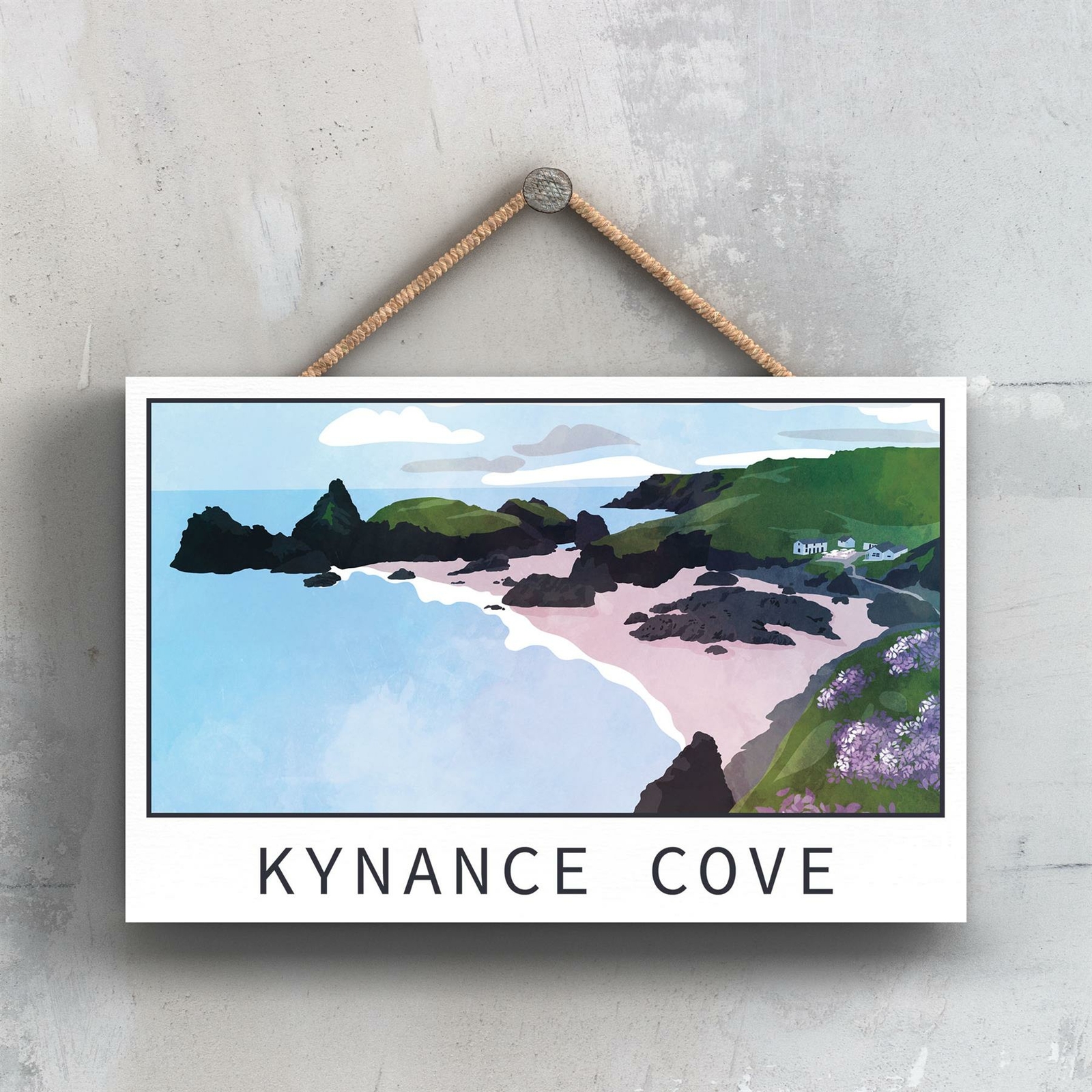 KYNANCE COVE ILLUSTRATION PRINT CORNWALL WOODEN HANGING PLAQUE