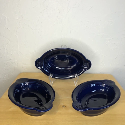 SET of 3 - FIESTA COBALT BLUE OVAL CASSEROLE BAKING DISH 9" HANDLE