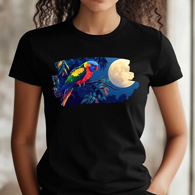 Frauen T-Shirt Regenbogenlori und Vollmond Motiv Baumwolle Größe S bis 3XL