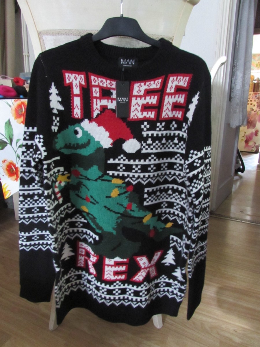 men's christmas dinosaur themed/patterned black jumper tree rex
