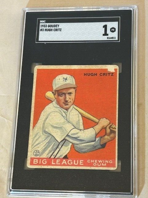 1933 GOUDEY #3 HUGH CRITZ SGC 1 PR NEW YORK GIANTS BASEBALL CARD.