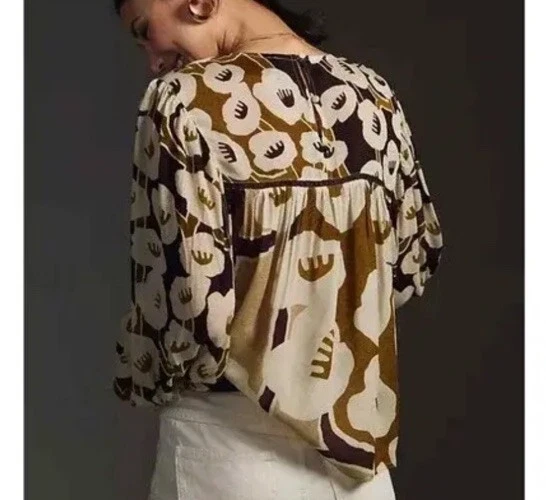 NWT $128 Bl^nk London x Anthropologie MIRANDA PEASANT Med Brown Floral Blouse