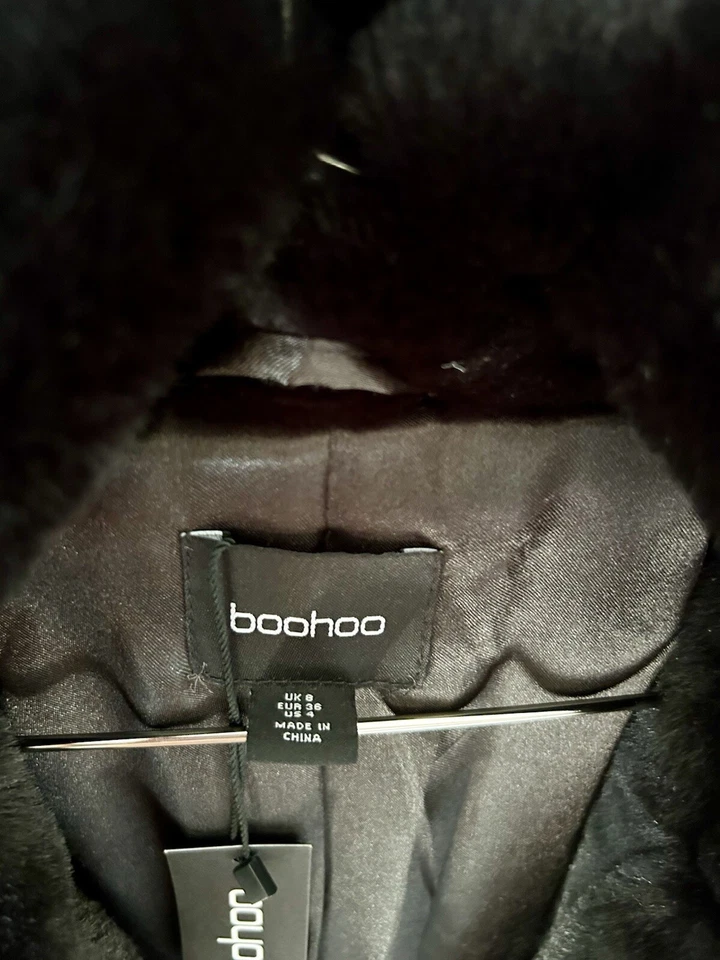 NUEVO CON ETIQUETAS BOOHOO + ABRIGO DE PIEL SINTÉTICA NEGRO LONGLINE TALLA UK 8 US 4 EUR 36 Foto 4 de 4