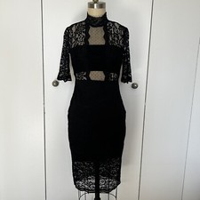 Express Women’s Lace Bodycon Midi Dress Black Stretch Bandeau Mock Neck Size 0