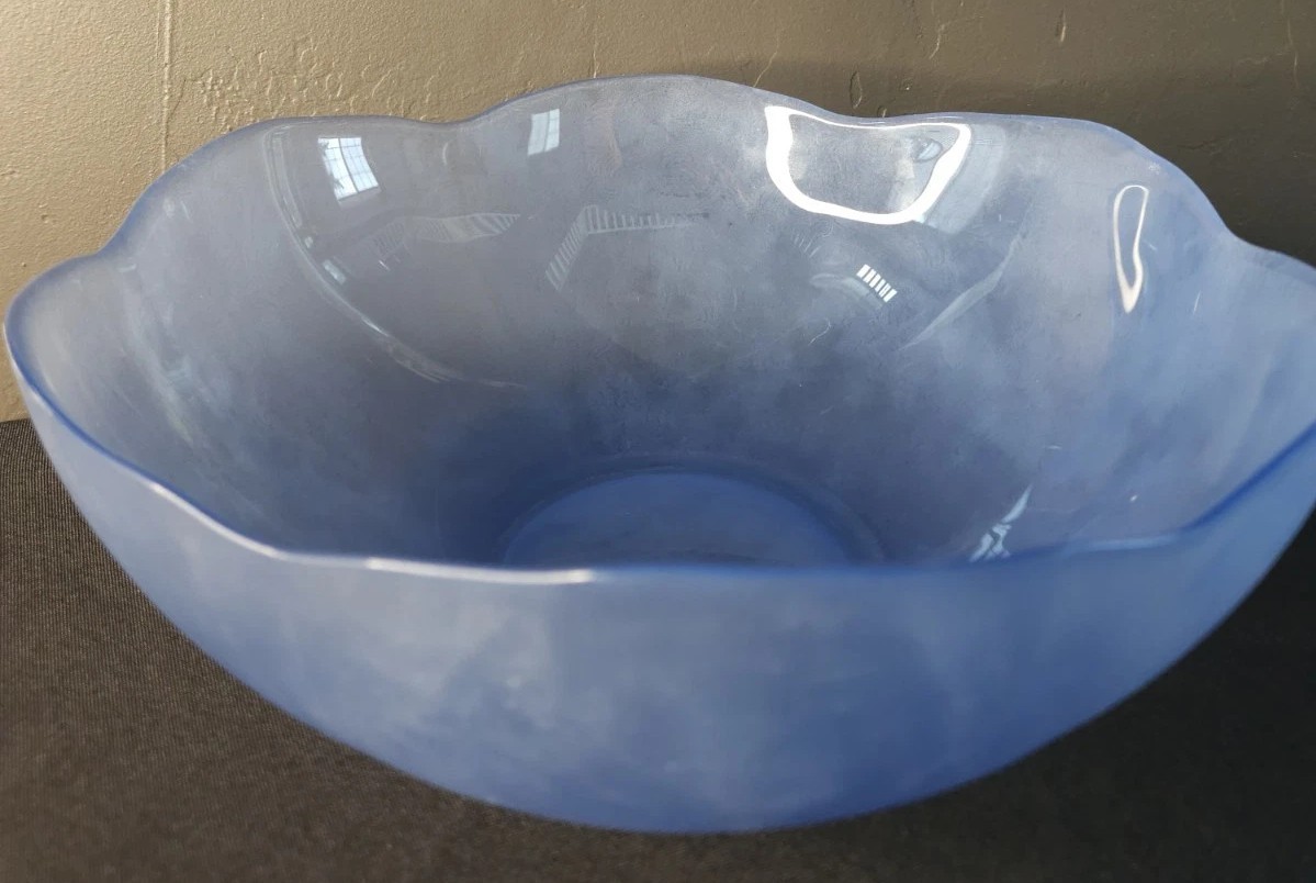 Vintage  Glass Fruit Bowl Blue Matte Exterior Gloss Interior Scallop Edges