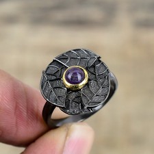 Purple Amethyst Black And Gold Plated 925 Sterling Silver Ring S.9 R87213