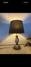 Grey Table Lamp Twisted Metal Base Fabric Shade Modern Bedroom Living Room