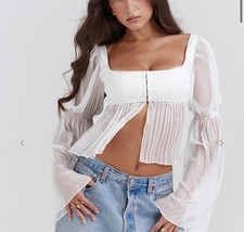 House of CB London Lucie White Pleated Long Sleeve Top Size S