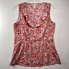 Banana Republic Women's Red  Grey Floral Sleeveless Blouse Ruffle Collar Size 6