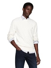 Tommy Hilfiger Men's Cotton Cable Crew Neck Sweater Ivory Large - NEW