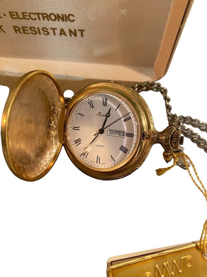 Vintage Marcel Pocket Watch With Knife & Chain Hunting Needs Battery - Image 2 of 4