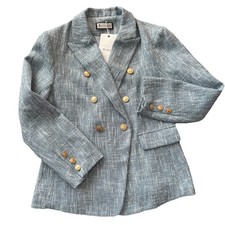 Tweed Women Blue White Blazer Small Double Breast Gold Buttons Twee Preppy