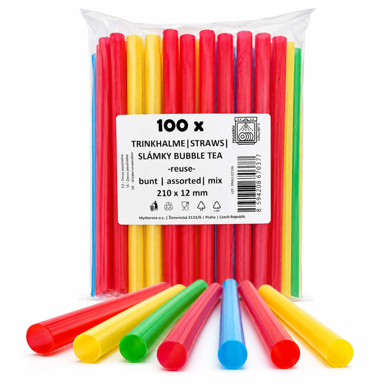 100 pajitas reutilizables Bubble Tea coloridas 12x210 mm pajitas extra anchas