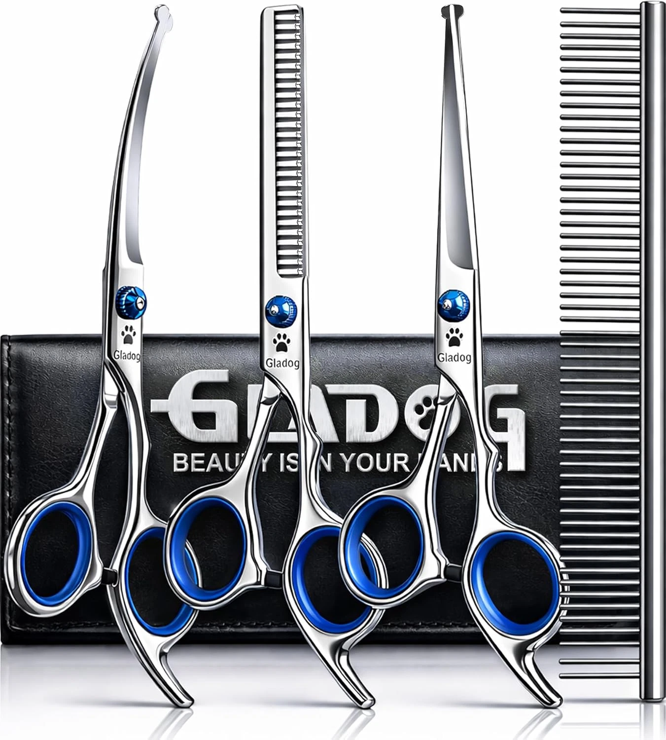 Professional 5 in 1 Dog Grooming Scissors Set with Safety Round Tips, Sharp and