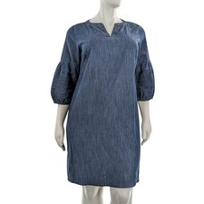Talbots Woman 14W Blue Chambray Dress Pleated Sleeve Accent Minimalist Casual