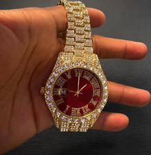 Gold Tone Iced Out Analog Wristwatch Red Dial...