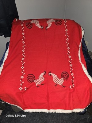 Handcrafted Tablecloth Red Linen White Cross Stitch Roosters Farms Fringe 38x48