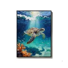 Framed Wall Art,Colorful Animal Turtle Landscape Handpainted Oil Painting Canvas