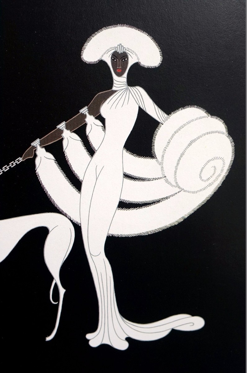 Erte 1987 EBONY and WHITE BROWN SKINNED LADY in FUR w GREYHOUND