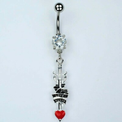LOVE HURTS Dangle Belly Button Ring Dagger and Heart Tattoo Navel Jewelry (B8)