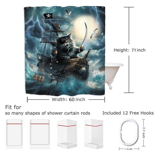Funny Cat Bathroom Shower Curtain Inch Pirate Ship 60W by 71H Cat Blue Ocean - Picture 4 of 8