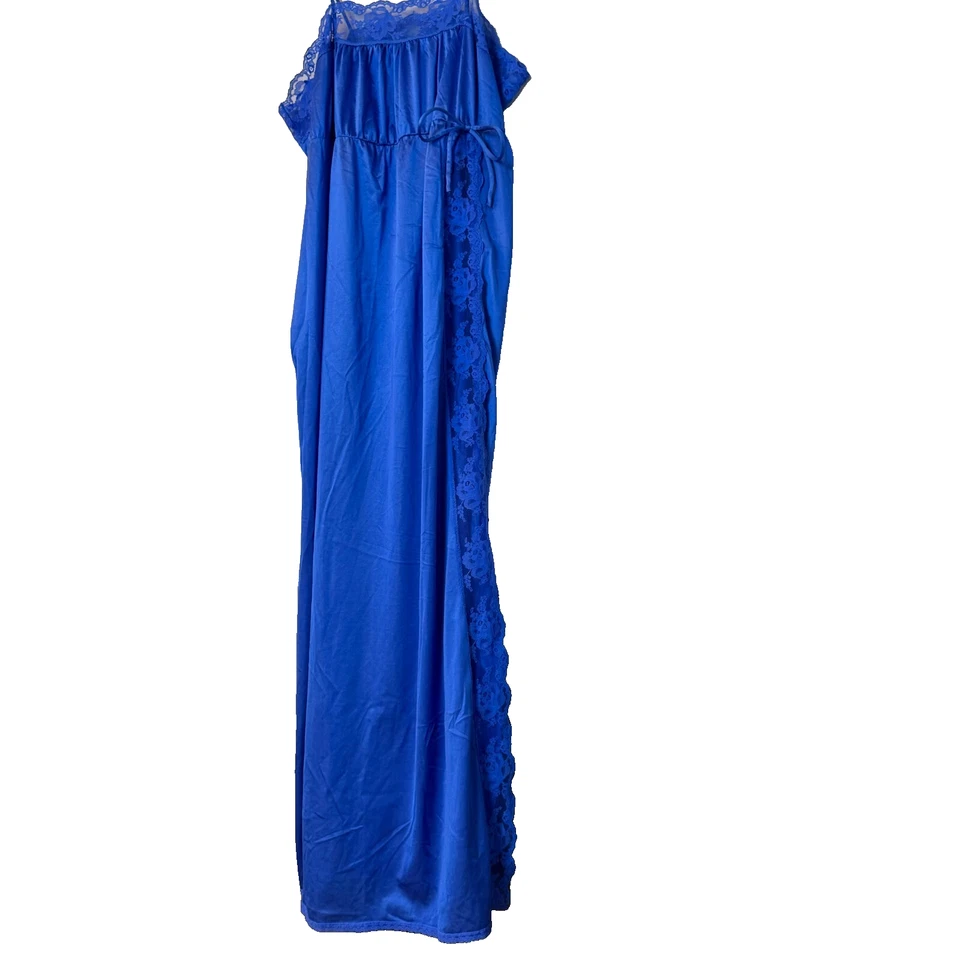VTG Blue Slip Dress Long Romantic Sz L Lace Side Slit Babydoll Maxi Feminine - Image 2 of 4