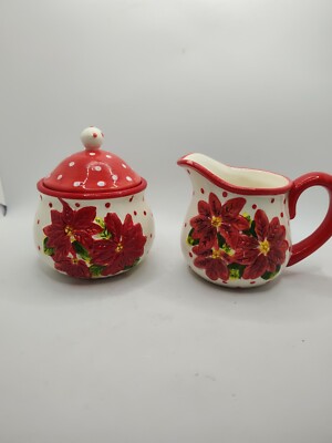  Vtg. SWEET OLIVE DESIGNS Christmas Poinsettia Creamer And Sugar Set/Jane Adams
