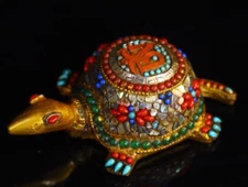 4″tibet silver gold filigree turquoise shell coral gem brass Lucky turtle statue