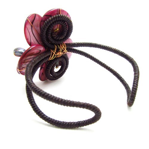Maroon Zebra Crystal Brass Pearl Flower Cuff - Picture 2 of 3