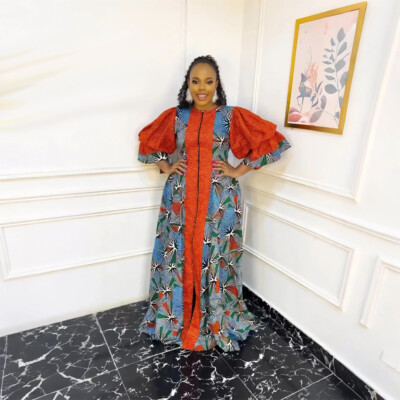Easter Dresses Green Puffy Sleeves Front Zipper Floor-Length Celebrations Wedding Plus Size African Traditional Loose Maxi Dress(Green/3XL)