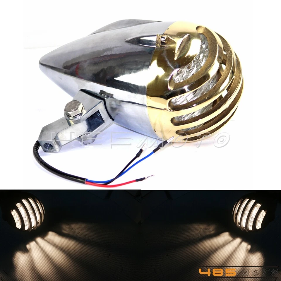 Brass Motorcycle 4.5 in Headlight Lamp Finned Grill Cover For Harley Choppers - Image 2 of 4