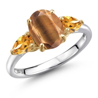 925 Silver and 10K Yellow Gold Brown Tiger Eye and Citrine Engagement Ring For