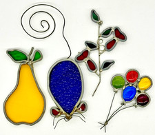 Lot/4 Vintage Stained Glass Window SUN CATCHERS Mouse Fruit Pear Plant Balloons