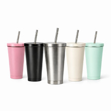 Stainless Steel Insulated Tumbler Cup w/ Lid & Metal Straw Reusable Travel Cup