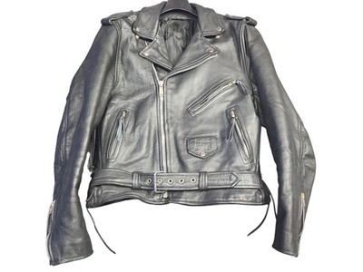 Echtes Leather Motorcycle Jacket Mens 44 Black Belted Biker Zip Pockets Rock