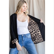 Chicos Women s Black Blazer Long Large Leopard Print Quiet Luxury Old Money Chic