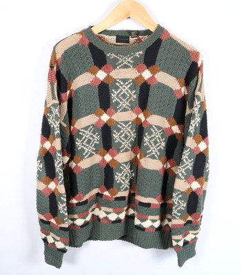 90s Structure Sweater Men's XL Green Pink Geometric Chunky Knit Cotton Blend