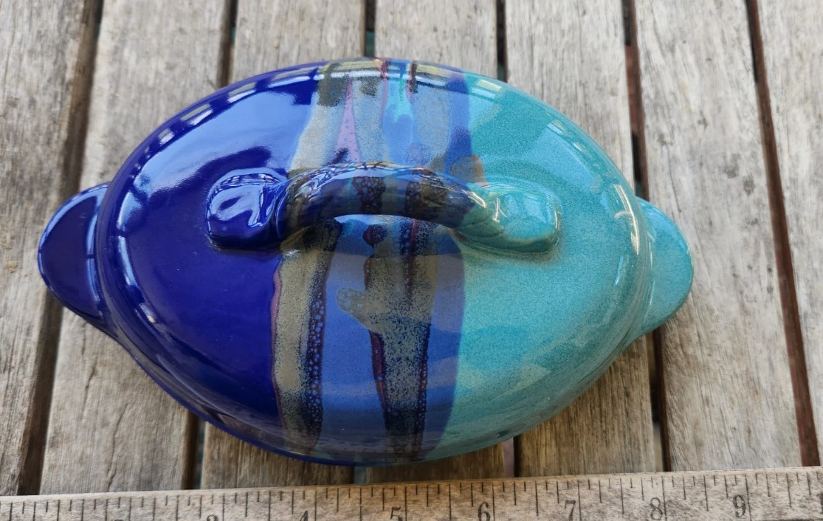 Art Pottery Artist Signed Ceramic Covered Butter Dish Cobalt Blue