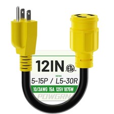 POWGRN 15 Amp to 30 Amp RV Generator Adapter Cord 1FT12 Inch, NEMA 5-15 Male ...