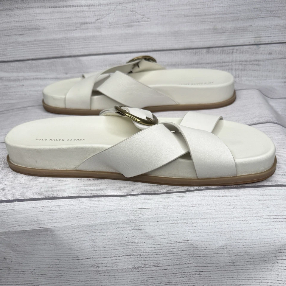 Sandalias Polo Ralph Lauren Moriah Slide Talla 11B Cuero Blanco Entrecruzado Foto 3 de 4