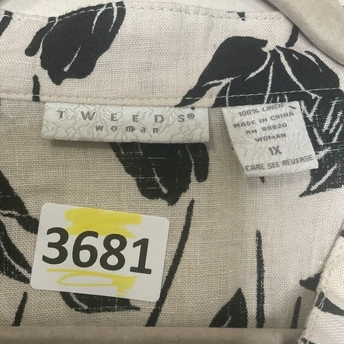 Blusa Tweeds Crema/Negro Floral 100% Lino Manga 3/4 Mujer Talla Grande 1X Coasta Foto 2 de 4