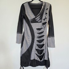 Black Gray Patchwork Shirt Dress Shredded Detailing Throughout Long Sleeves.D140